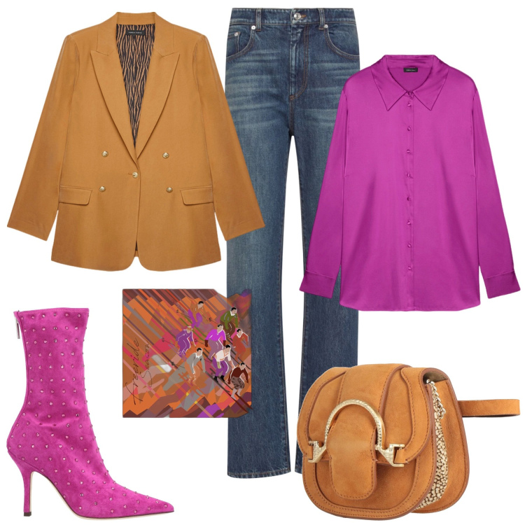 Outfit donna - Apericena in centro. Stile Trendy per Tutti i giorni. Abbinamento con marsupi, stivaletti, blazer, camicie, foulard, jeans dritti.