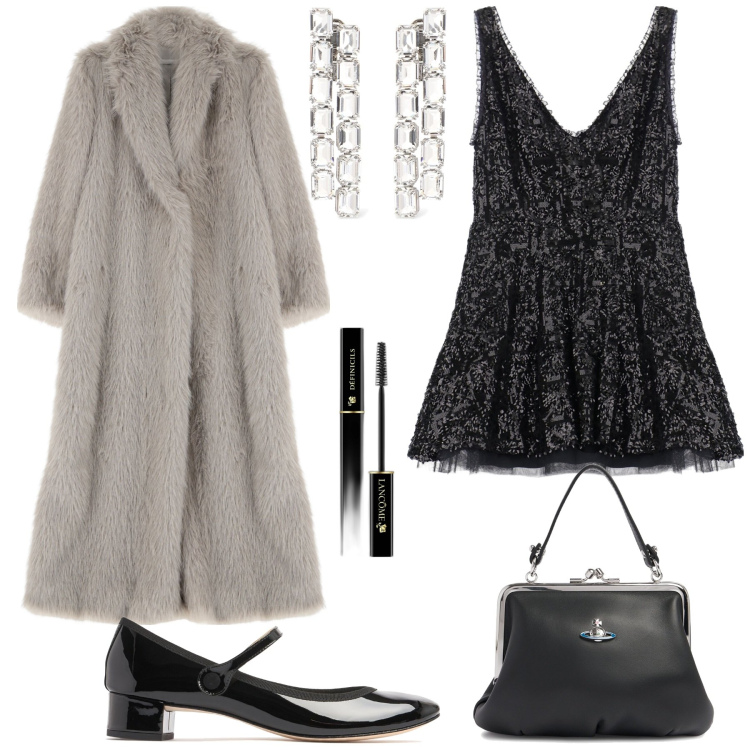 Outfit donna - Like a doll. Stile Glamour per Serata fuori. Abbinamento con mascara, vestiti corti, ecopellicce, scarpe col tacco, borse a mano, orecchini.