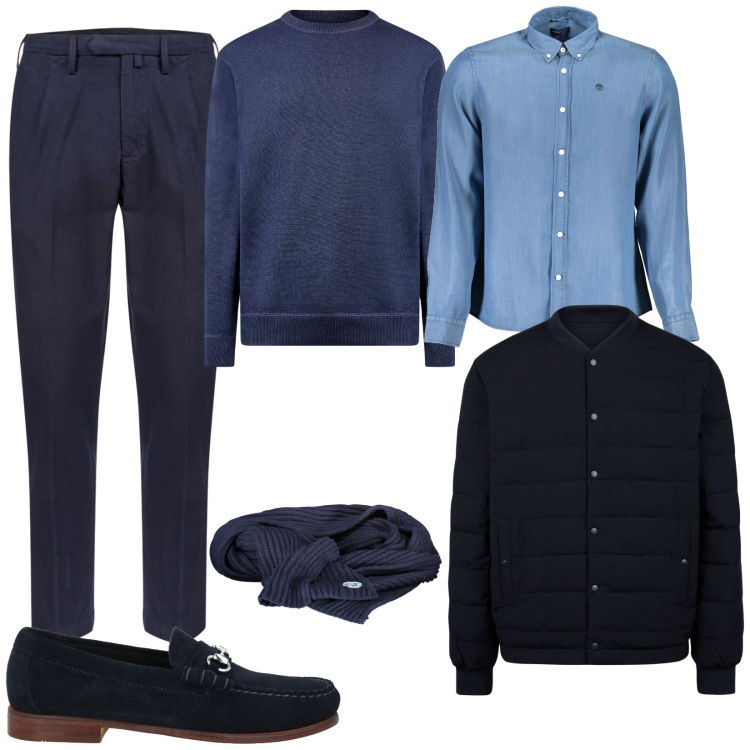 Outfit uomo - Stile minimal. Stile Casual per Ufficio. Abbinamento con scarpe stringate, maglieria, pantaloni, camicie, sciarpe, piumini.