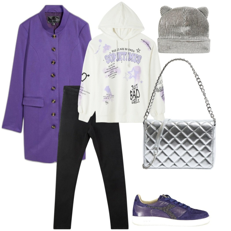 Outfit donna - Purple heart. Stile Trendy per Tutti i giorni. Abbinamento con blazer, felpe con cappuccio, jeggings, berretti, borse a tracolla, sneakers.