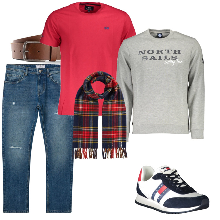 Outfit uomo - T-shirt e felpa. Stile Trendy per Tutti i giorni. Abbinamento con cinture, jeans strappati, sciarpe, felpe, sneakers, t-shirt.