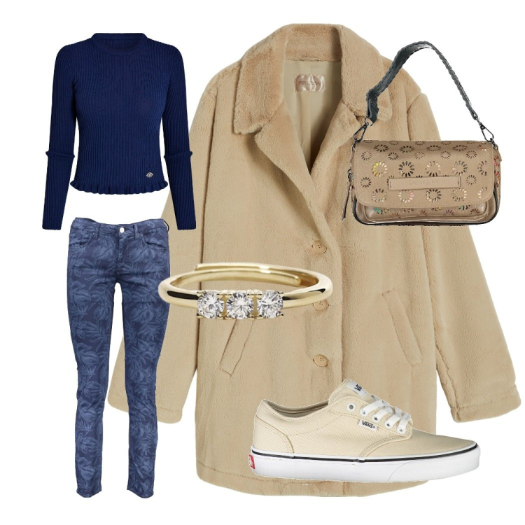 Outfit donna - Contrasti positivi. Stile Casual per Tutti i giorni. Abbinamento con anelli, maglieria, cappotti, borse a spalla, pantaloni, sneakers.