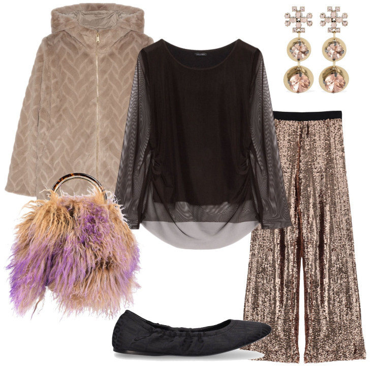 Outfit donna - Comfort a Capodanno. Stile Sporty chic per Serata fuori. Abbinamento con borse a secchiello, pantaloni, t-shirt, blazer, ballerine, orecchini.
