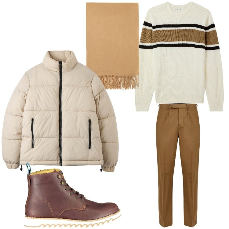 Outfit uomo - Passeggiata in inverno. Stile Casual per Tutti i giorni. Abbinamento con piumini, maglieria, sciarpe, pantaloni, stivali.