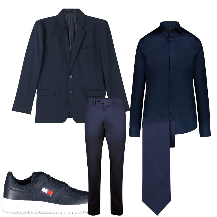 Outfit uomo - Blu con blu. Stile Business/Elegante per Serata speciale. Abbinamento con giacche, camicie, sneakers, cravatte, pantaloni chino.