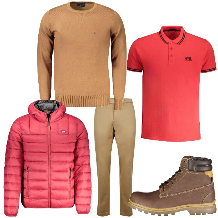 Outfit uomo - Fragola e cioccolato. Stile Casual per Tutti i giorni. Abbinamento con pantaloni chino, stivali, giacche, maglieria, polo.