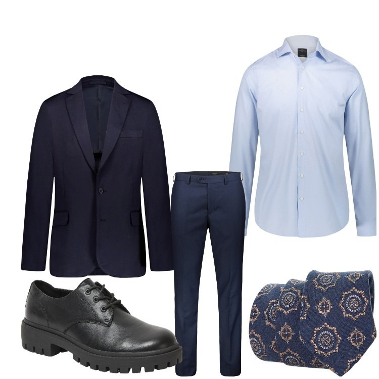 Outfit uomo - Festivo. Stile Business/Elegante per Serata speciale. Abbinamento con scarpe stringate, cravatte, camicie, giacche, pantaloni.