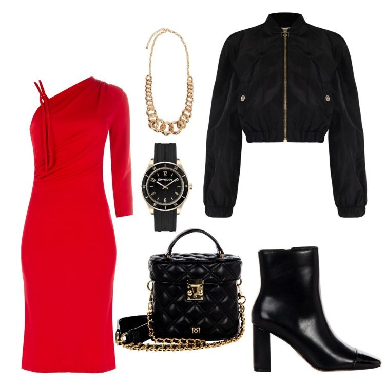 Outfit donna - Red & The Xmas. Stile Glamour per Tutti i giorni. Abbinamento con bomber, borse a mano, vestiti asimmetrici, stivaletti, orologi, collane.