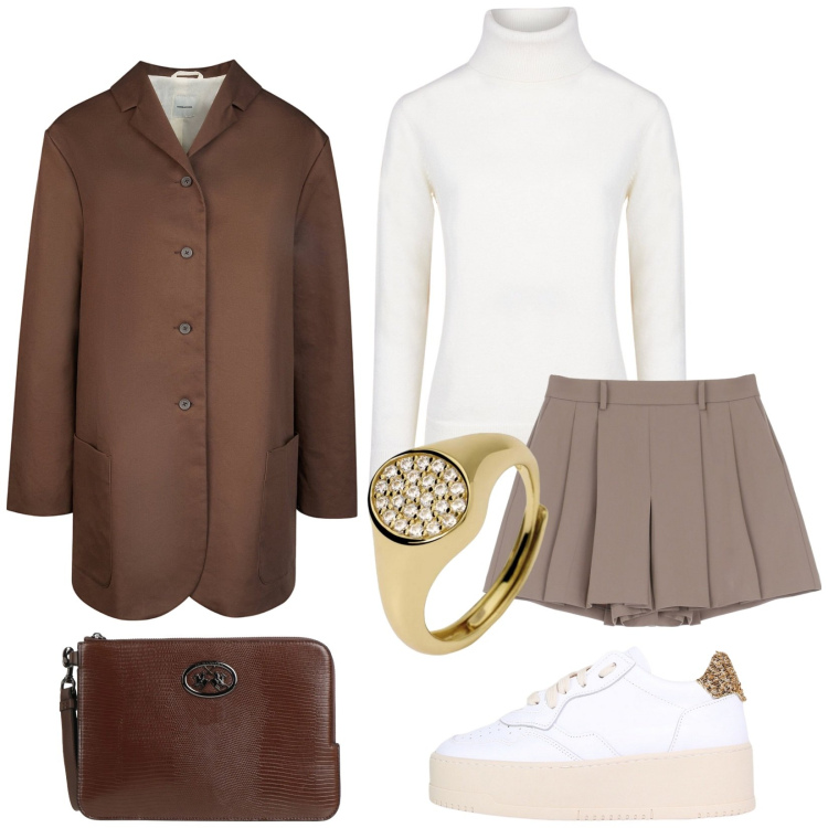 Outfit donna - Complimenti a me :). Stile Trendy per Tutti i giorni. Abbinamento con borse a mano, anelli, gonne, sneakers, trench, maglieria.