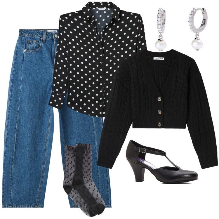 Outfit donna - Un pò di pois. Stile Casual chic per Tutti i giorni. Abbinamento con décolleté, camicie, jeans, cardigans, orecchini, calzini.