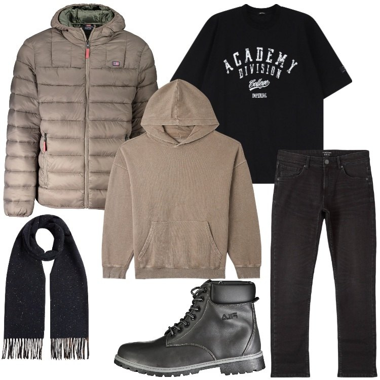 Outfit uomo - Nero e tortora. Stile Casual per Tutti i giorni. Abbinamento con felpe con cappuccio, jeans, t-shirt, sciarpe, giacche, stivali.