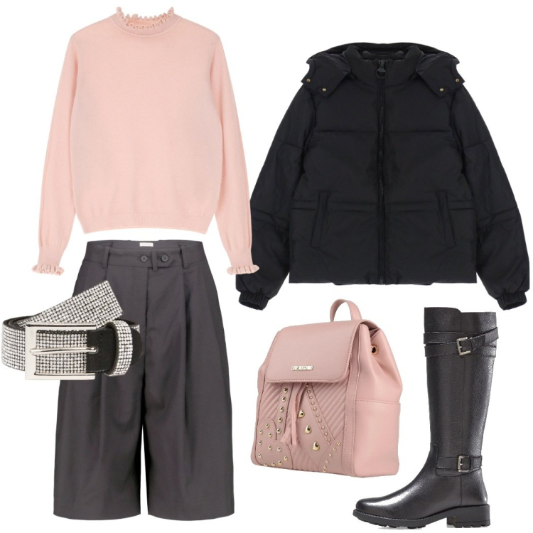 Outfit donna - Grigio e Rosa cipria. Stile Trendy per Tutti i giorni. Abbinamento con stivali, zaini, piumini, maglieria, bermuda, cinture.