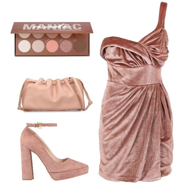 Outfit donna - Serata di fine anno. Stile Chic per Serata fuori. Abbinamento con décolleté, ombretti, vestiti asimmetrici, borse a spalla.