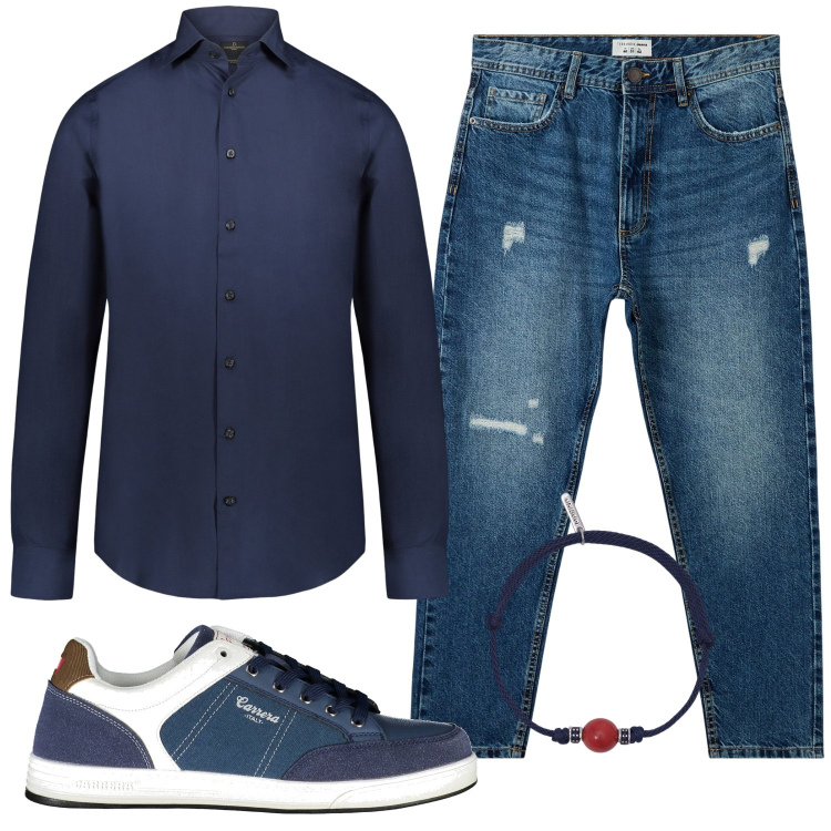 Outfit uomo - Total look #2027373. Stile Casual per Ufficio. Abbinamento con jeans strappati, braccialetti, camicie, sneakers.