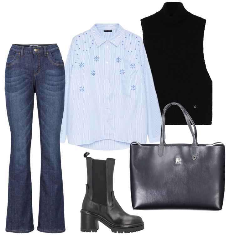 Outfit donna - Il gilet a lupetto. Stile Casual chic per Ufficio. Abbinamento con jeans bootcut, stivaletti chelsea, maglieria, camicie, borse a spalla.