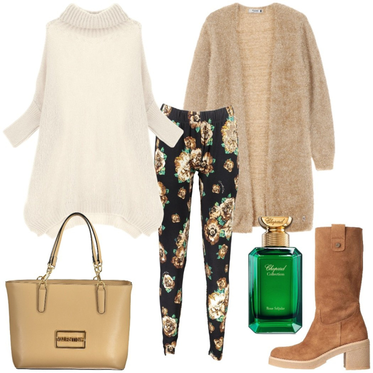 Outfit donna - Pomeriggio in città. Stile Casual chic per Tutti i giorni. Abbinamento con stivali, profumi, cardigans, maglieria, leggings, borse a spalla.