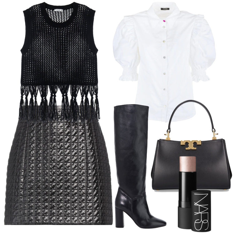 Outfit donna - Black and white. Stile Chic per Tutti i giorni. Abbinamento con minigonne, blush, camicie, maglieria, stivali, borse a mano.