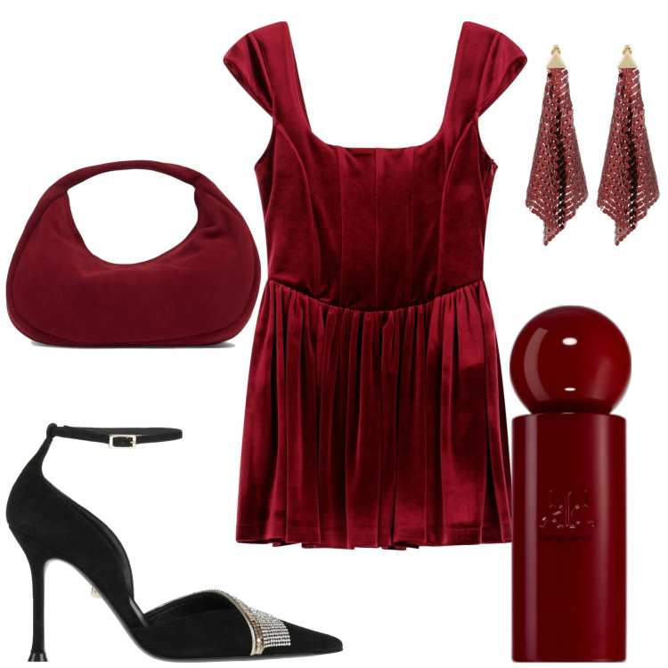 Outfit donna - Velluto corto. Stile Glamour per Serata fuori. Abbinamento con décolleté, profumi, vestiti corti, orecchini, borse a mano.