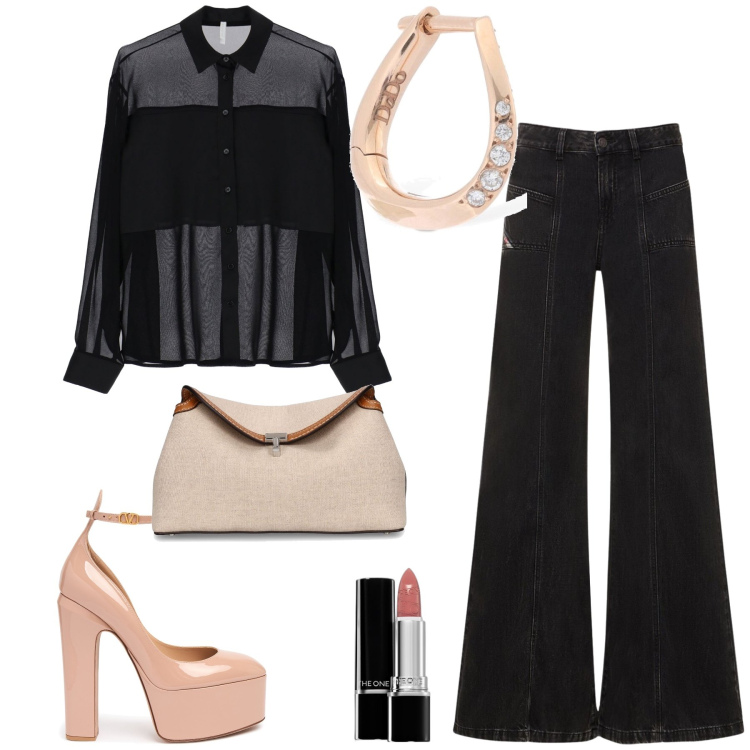 Outfit donna - Sabato sera tra amici. Stile Glamour per Serata fuori. Abbinamento con rossetti, camicie, orecchini, jeans, clutch, décolleté.