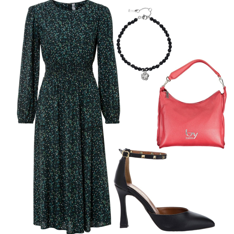 Outfit donna - Il vestito longuette a fiori. Stile Vintage retrò per Serata fuori. Abbinamento con vestiti midi/longuette, braccialetti, décolleté, borse a spalla.