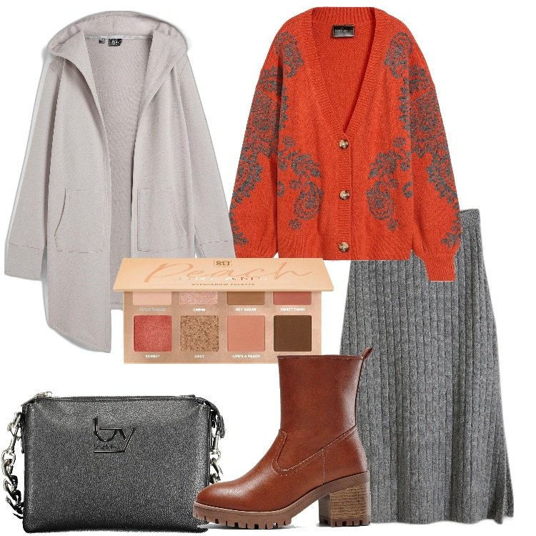 Outfit donna - Comoda in ufficio. Stile Basic per Ufficio. Abbinamento con blazer, stivaletti, cardigans, gonne, ombretti, borse a spalla.