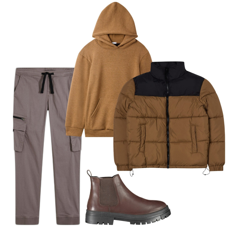 Outfit uomo - Il piumino bomber. Stile Casual per Tutti i giorni. Abbinamento con pantaloni cargo, giacche, felpe, stivali.