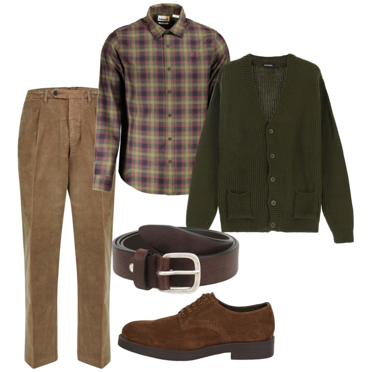 Outfit uomo - British allure. Stile Trendy per Tutti i giorni. Abbinamento con cinture, cardigans, pantaloni, scarpe stringate, camicie.