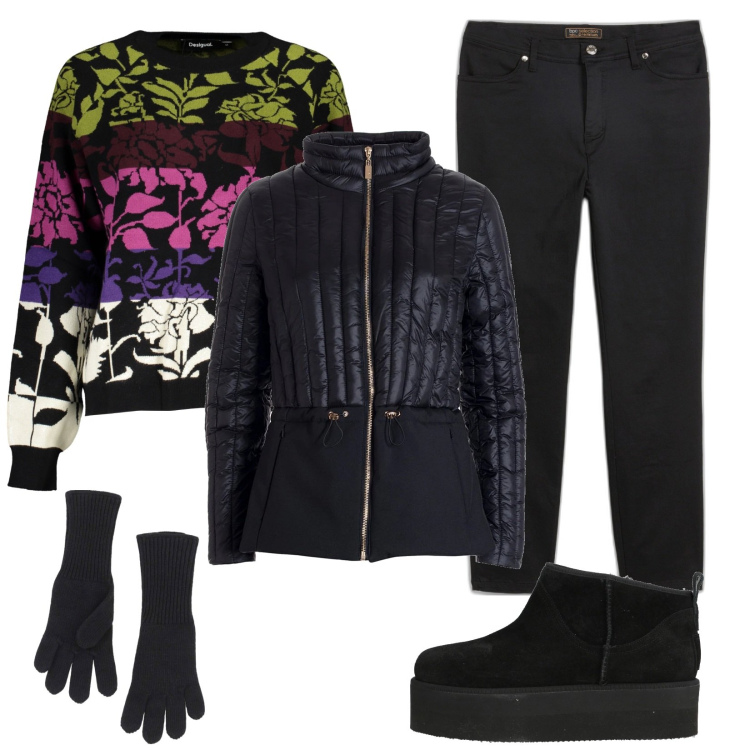Outfit donna - Passeggiata sulla neve. Stile Urban per Sport. Abbinamento con pantaloni, stivaletti, piumini, guanti, maglieria.