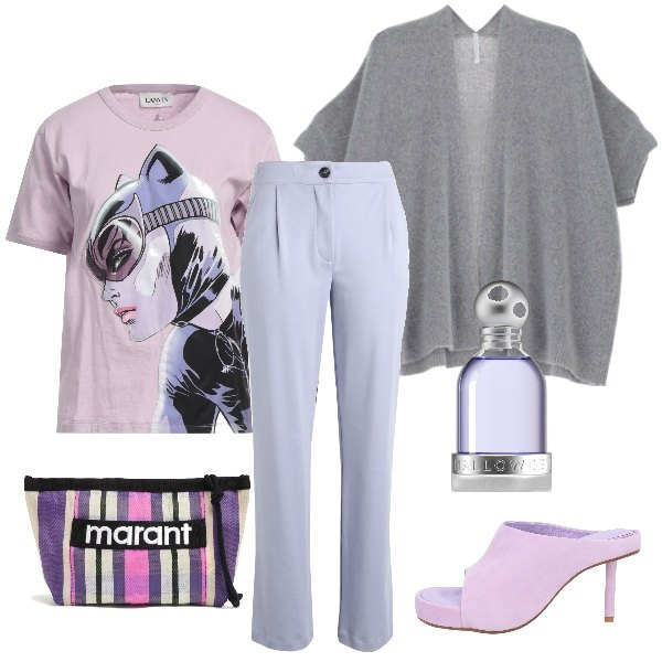 Outfit donna - Resto a casa..... Stile Trendy per Tutti i giorni. Abbinamento con sandali in pelle, t-shirt, pigiama, profumi, cardigans, valigie.