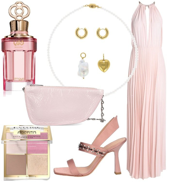Outfit donna - Rosa pallido a Capodanno. Stile Chic per Serata fuori. Abbinamento con vestiti lunghi, sandali in pelle, profumi, terre, collane, borse a spalla.