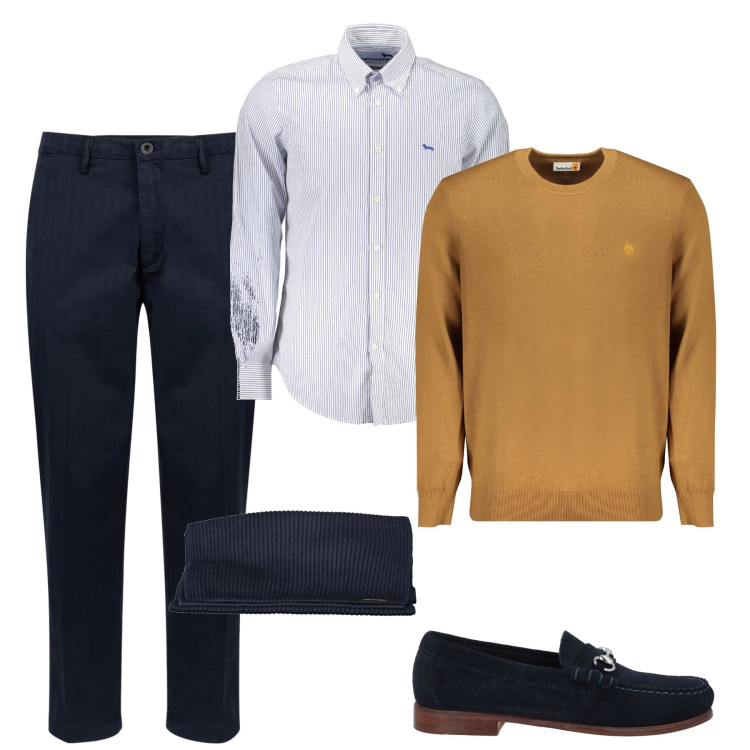 Outfit uomo - Il pull senape. Stile Business/Elegante per Ufficio. Abbinamento con scarpe stringate, pantaloni, maglieria, sciarpe, camicie.