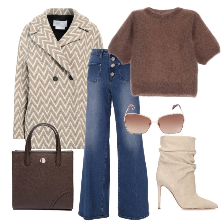 Outfit donna - Ricercata morbidezza. Stile Casual chic per Tutti i giorni. Abbinamento con cappotti, t-shirt, jeans, stivaletti, occhiali da sole, shopping bag.