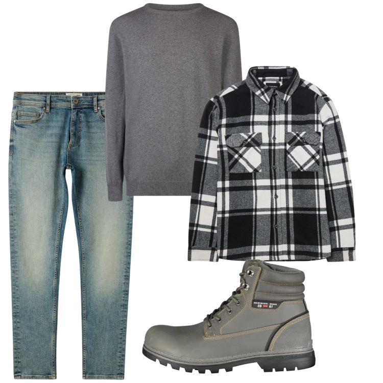 Outfit uomo - Fine settimana. Stile Casual per Tutti i giorni. Abbinamento con jeans skinny, cappotti, maglieria, stivali.