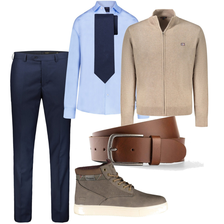 Outfit uomo - Cravatta blu. Stile Casual per Ufficio. Abbinamento con cinture, camicie, cardigans, pantaloni, stivali, cravatte.