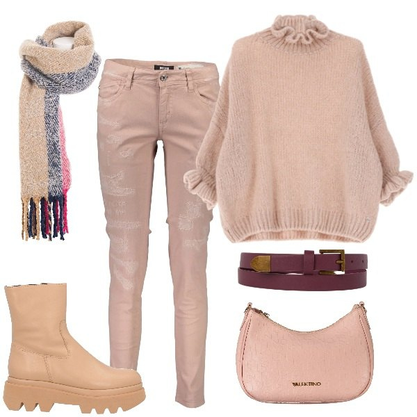 Outfit donna - Effetto rosa. Stile Casual per Tutti i giorni. Abbinamento con stivaletti, maglieria, sciarpe, cinture, pantaloni, borse a spalla.