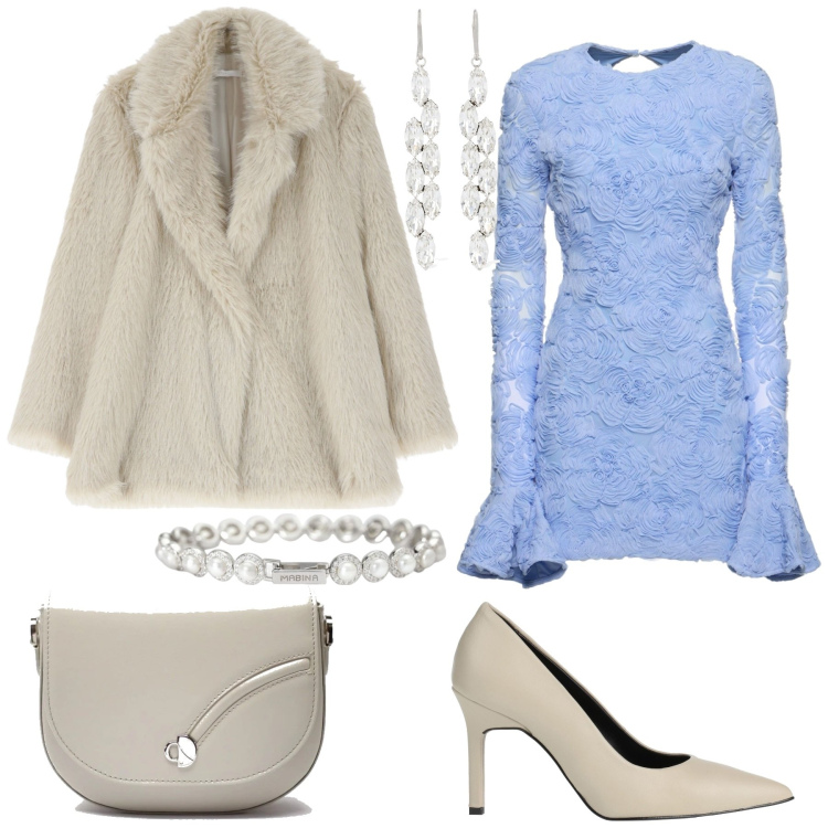Outfit donna - Matrimonio a dicembre. Stile Chic per Cerimonia. Abbinamento con décolleté, braccialetti, ecopellicce, vestiti, orecchini, borse a tracolla.
