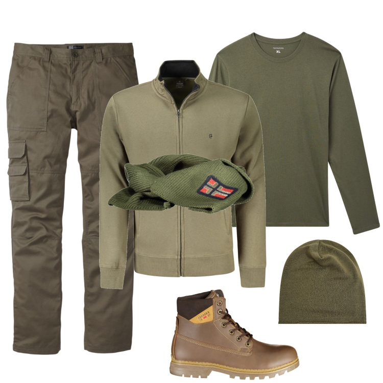Outfit uomo - Passeggiata nel bosco. Stile Trendy per Tutti i giorni. Abbinamento con pantaloni cargo, t-shirt, berretti, stivali, sciarpe, felpe.
