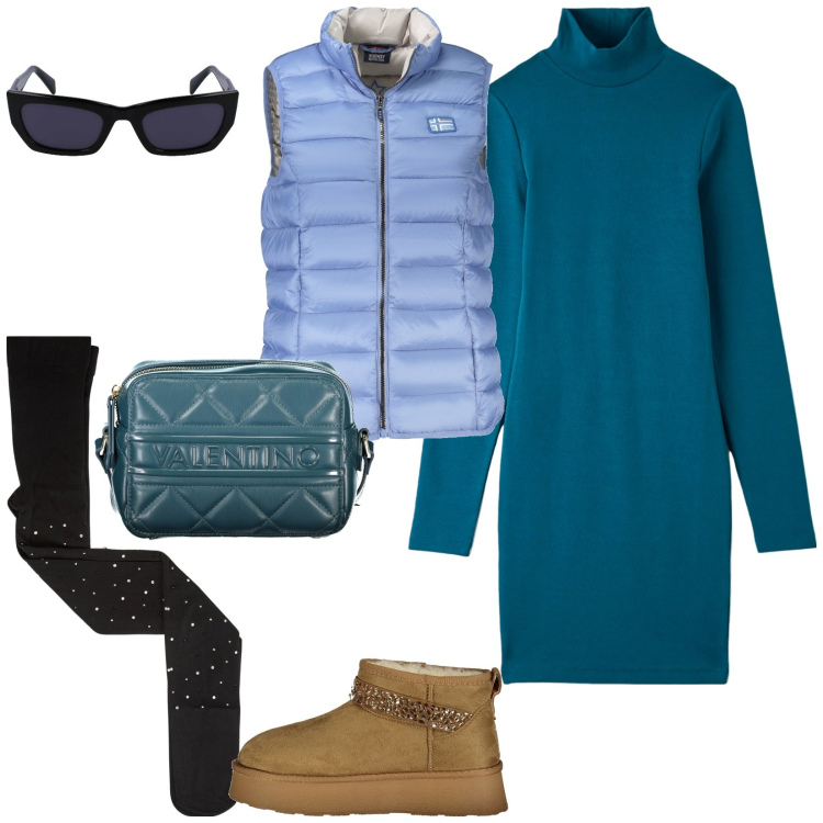 Outfit donna - Total look #2027507. Stile Casual per Tutti i giorni. Abbinamento con collant, vestiti, stivali, blazer, borse a tracolla, occhiali da sole.