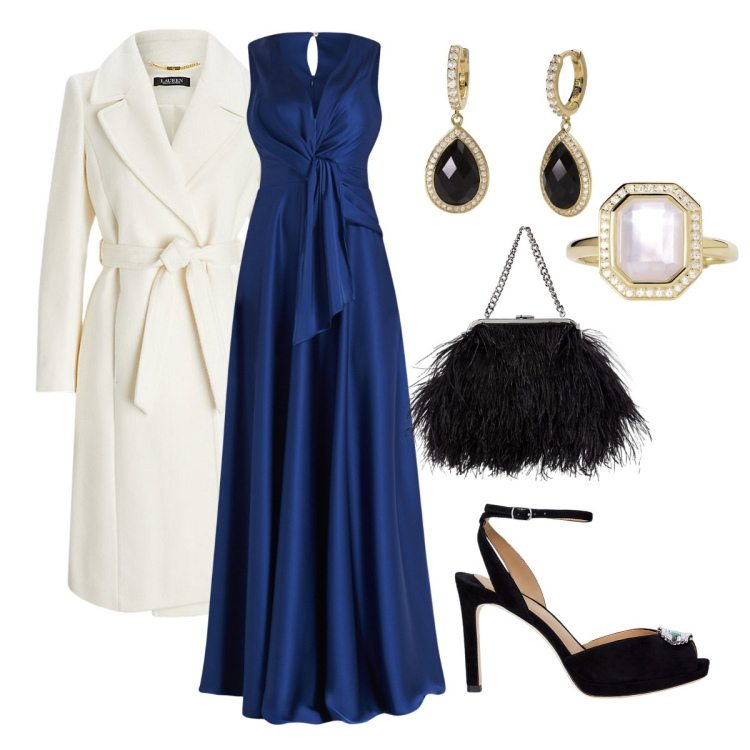 Outfit donna - Notte di San Silvestro. Stile Chic per Serata fuori. Abbinamento con vestiti lunghi, orecchini, anelli, cappotti, clutch, sandali gioiello.