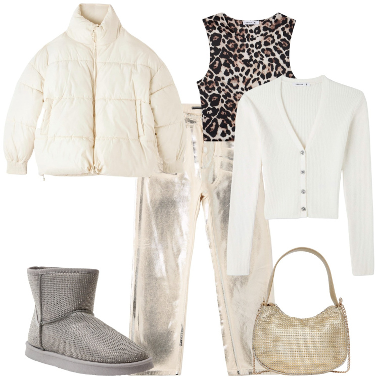 Outfit donna - Total look #2027513. Stile Glamour per Serata fuori. Abbinamento con top, jeans, cardigans, piumini, stivali, borse a spalla.