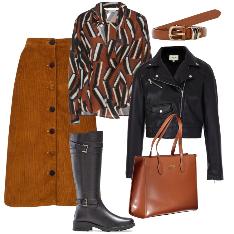 Outfit donna - Mix & Match. Stile Trendy per Tutti i giorni. Abbinamento con stivali, top, blazer, cinture, gonne longuette, borse a spalla.