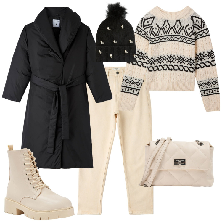 Outfit donna - Total look #2027520. Stile Trendy per Tutti i giorni. Abbinamento con berretti, anfibi, piumini, jeans mom, borse a spalla, maglieria.