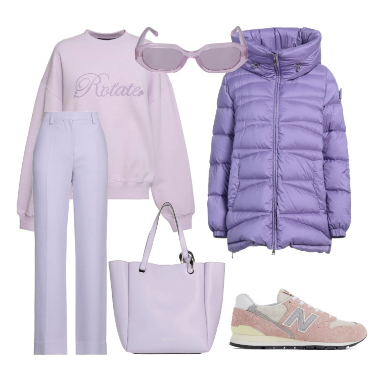 Outfit donna - Un piumino color lavanda. Stile Casual chic per Tutti i giorni. Abbinamento con piumini, pantaloni, borse a mano, sneakers, felpe, occhiali da sole.
