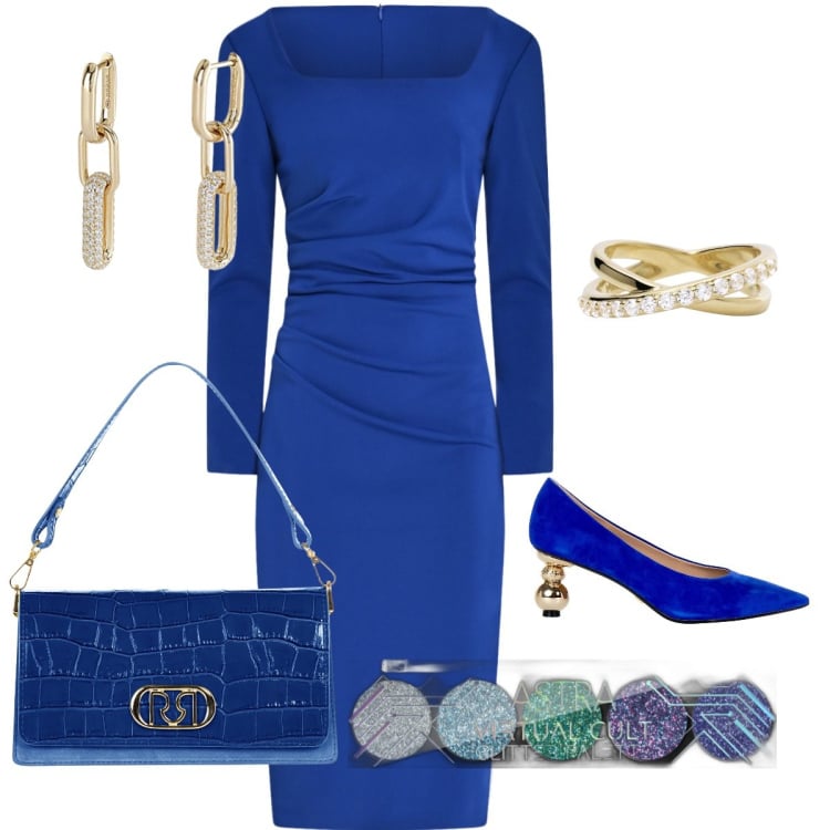 Outfit donna - Una serata in blu e in oro. Stile Chic per Cerimonia. Abbinamento con ombretti, orecchini, anelli, vestiti a tubino, borse a tracolla, décolleté.