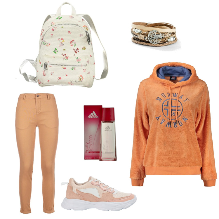 Outfit donna - Tempo libero. Stile Basic per Tutti i giorni. Abbinamento con braccialetti, profumi, sneakers, pantaloni, felpe con cappuccio, zaini.
