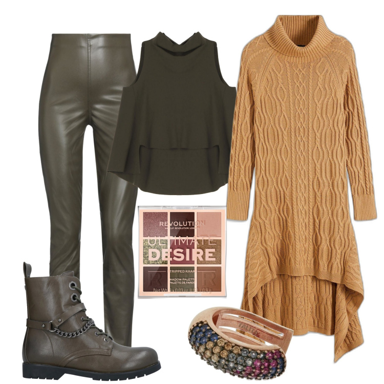 Outfit donna - Maxi maglione asimmetrico. Stile Urban per Tutti i giorni. Abbinamento con maglieria, pantaloni, stivaletti, ombretti, top, orecchini.