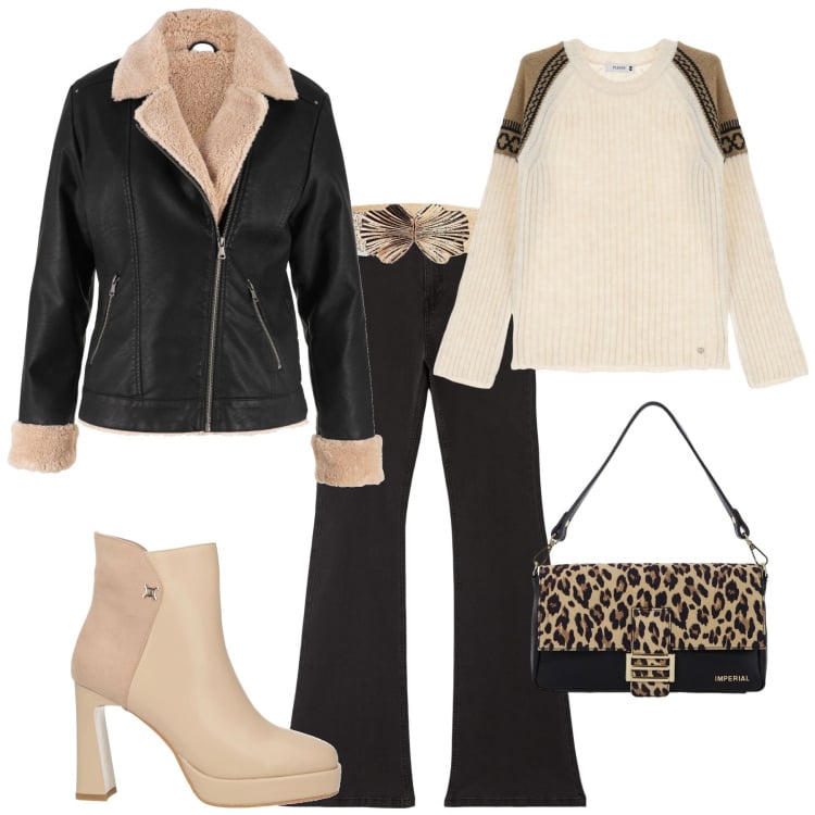 Outfit donna - Total look #2027534. Stile Rock per Serata fuori. Abbinamento con blazer, cinture, stivaletti, jeggings, pullovers, borse a spalla.