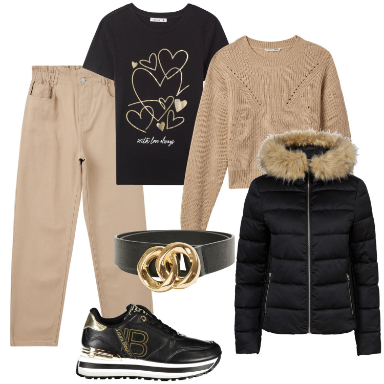 Outfit donna - Cappuccino, oro e nero. Stile Casual per Tutti i giorni. Abbinamento con giacche, pantaloni, t-shirt, maglieria, cinture, sneakers.