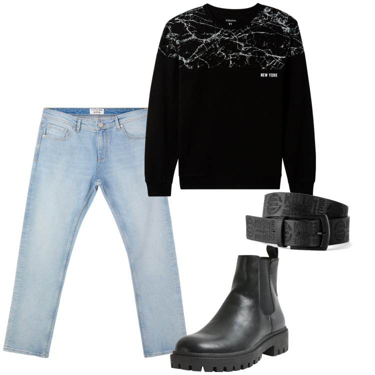 Outfit uomo - Al pub. Stile Casual per Tutti i giorni. Abbinamento con cinture, jeans, stivali e stivaletti, felpe.