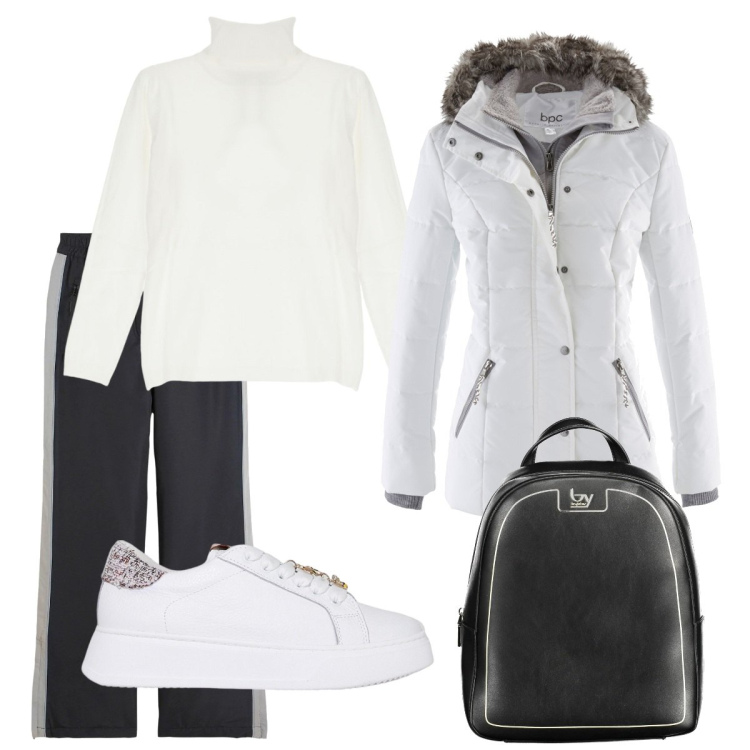Outfit donna - Una bella sciata. Stile Casual chic per Sport. Abbinamento con piumini, pantaloni, maglieria, sneakers, zaini.